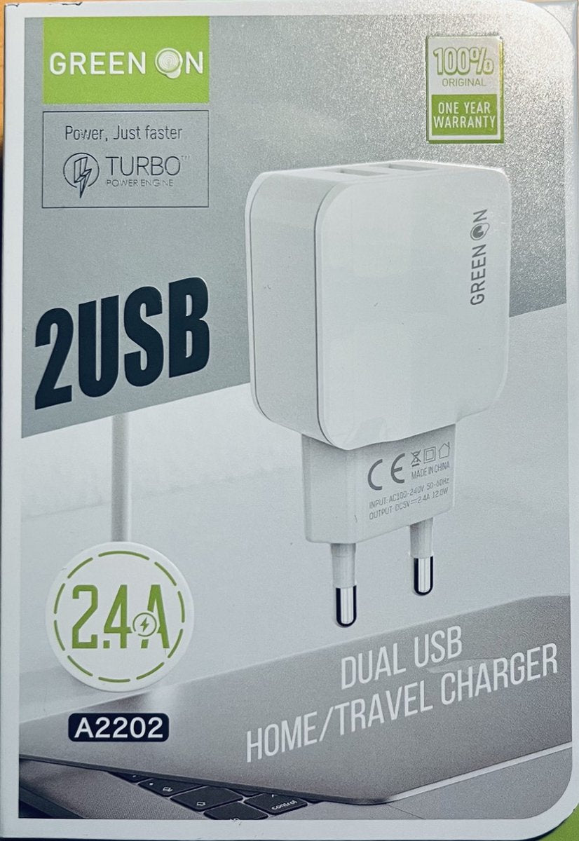 Vert allumé Chargeur double USB 2,4 A